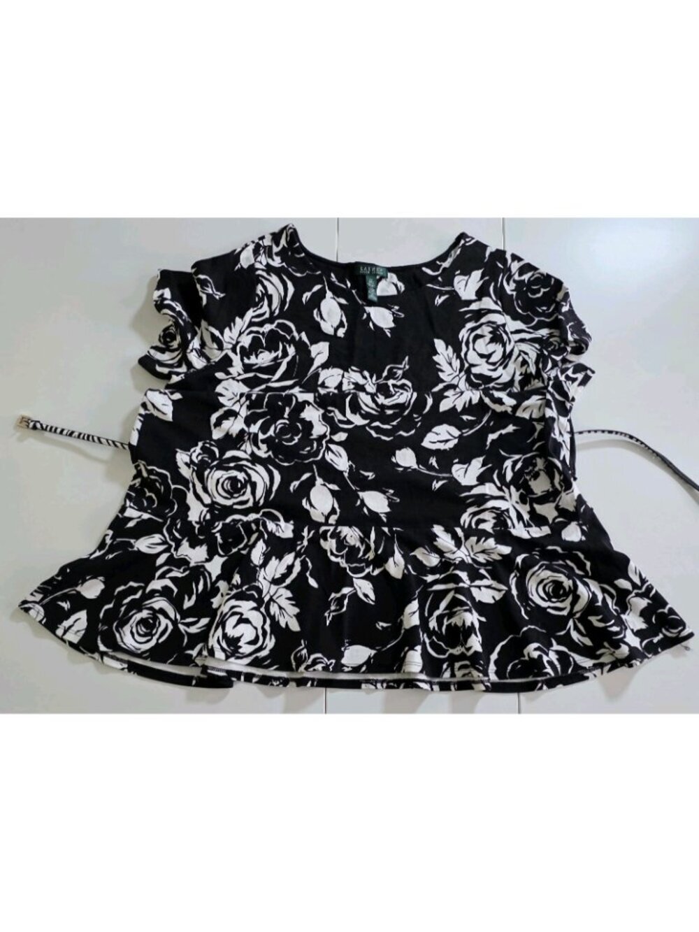 Ralph Lauren Midi Dress Plus Size 3X Black White Floral Ruffled Hem Belt Viscose - Picture 13 of 16